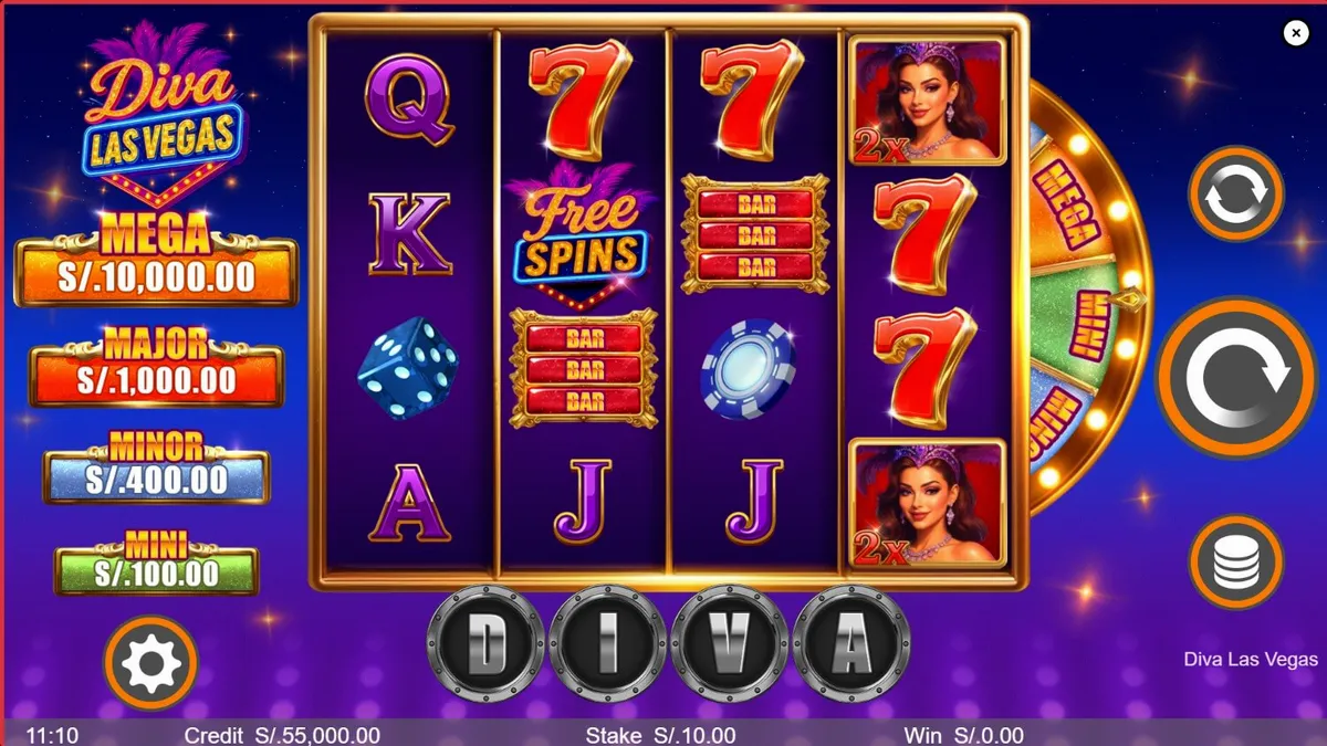 Makulay na disenyo ng Diva Las Vegas slot na may temang showgirl at neon lights.