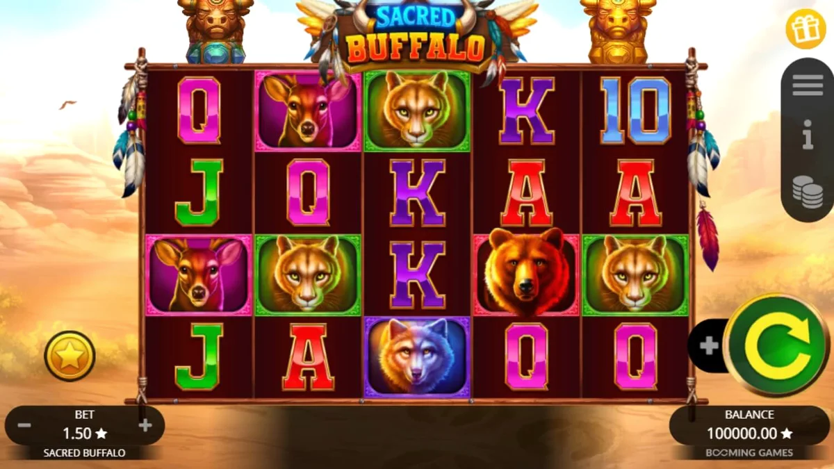 Isang visual na representasyon ng Sacred Buffalo slot na nagpapakita ng mga simbolo ng hayop at Western plains.