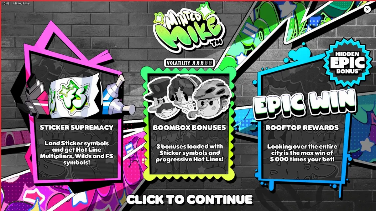 Minted Mike slot game screen na may graffiti theme at neon lights